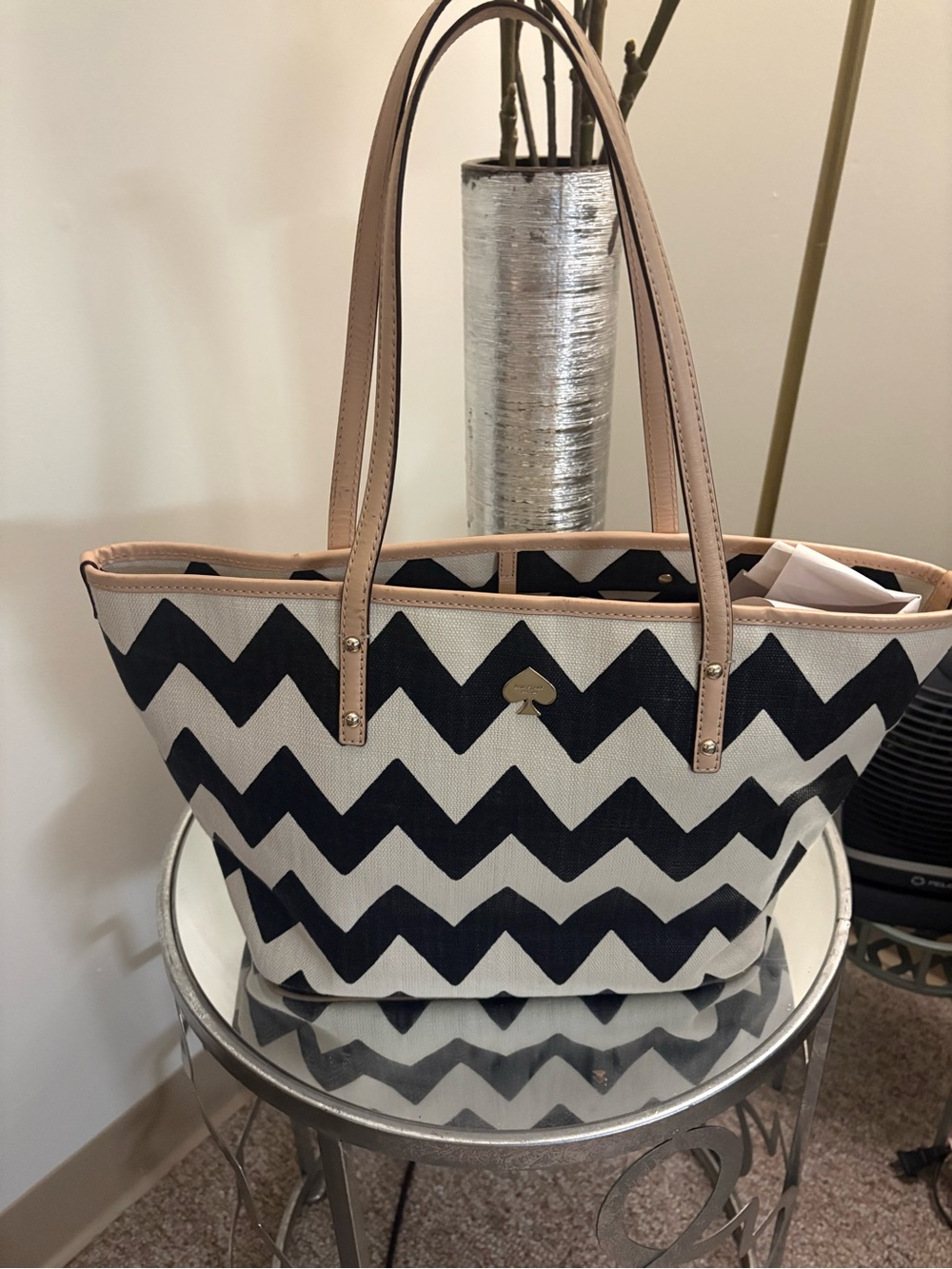 kate spade Black and White Chevron Canvas Tote with Tan Handles